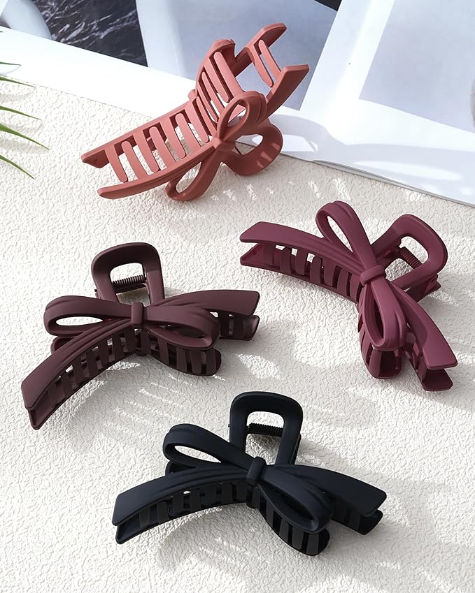 Mesovor 4 Pack Cute Bow Claw Clips, Nonslip 4.92" Large Matte Strong Hold Bows Hair Clips for Thin and Thick Hair | Chic Hairclips for Holidays or Everyday Hairstyle (Red Matte)