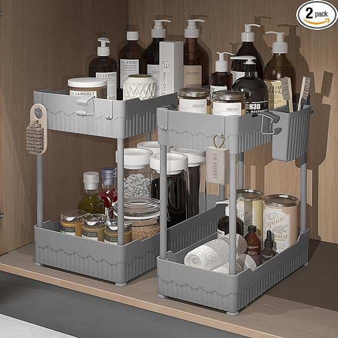 2 Pack Under Sink Organizer, Under Bathroom Cabinet Organizer with Hooks Hanging Cup, Multi-Purpose Storage Shelf for Kitchen Bathroom (Gray, 14.8 Inch)
