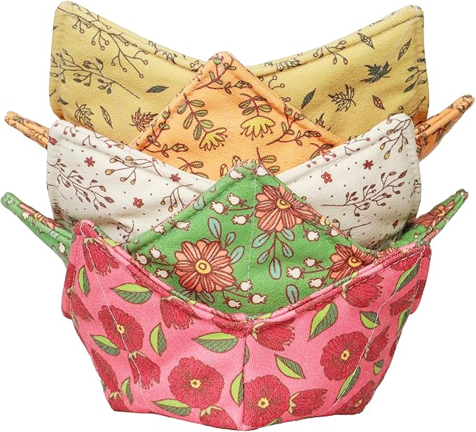 Cotton Microwavable Bowl Cozy, Microwave-Safe Hot Bowl Holders, Soup bowl Cozy Hot Pads (Retro Flower)