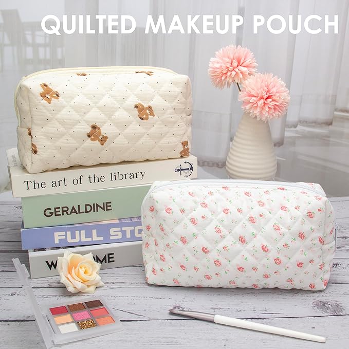 PAZIMIIK 2PCS SET Vintage Quilted Makeup Bag Cosmetic Pouch for Brushes Pencils and Travel Make Up Accessories for Women and Girls Gauze Rose