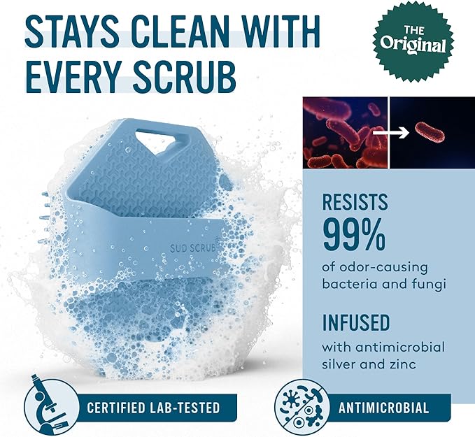 Sud Scrub® Antimicrobial Silicone Body Scrubber, Exfoliating Body Scrubber for Sensitive Skin, Eco Friendly Shower Scrubber for Body, Silicone Body Brush for Showering, Blue