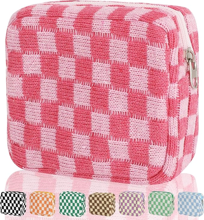 Sanitary Napkin Storage Bag, Menstrual Pad Zipper Bag Checkered Portable Period Bag Panty Liners, Tampon Storage Pouch for Women Ladies Daily Use Storage Purse Travel