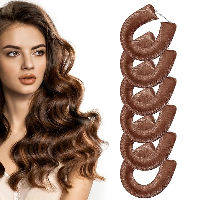 Heatless Curlers, Heatless Curls Overnight Set for Women, Soft Hair Curlers to Sleep In, Jumbo No Heat Hair Curlers Set with Headscarf and Hook for Long Hair - 6Pcs DarkBrown