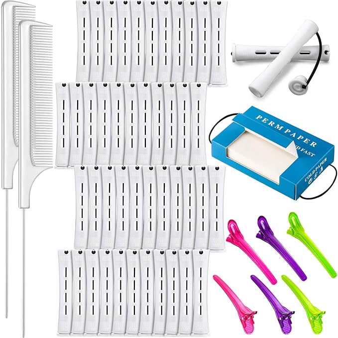 WILLBOND Hair Styling Kit: 48 Hair Perm Rods Plastic Cold Wave Rods, 2 Steel Pintail Combs, 350 Perm Papers, 6 Duck Bill Clips for Hairdressing Styling(White)