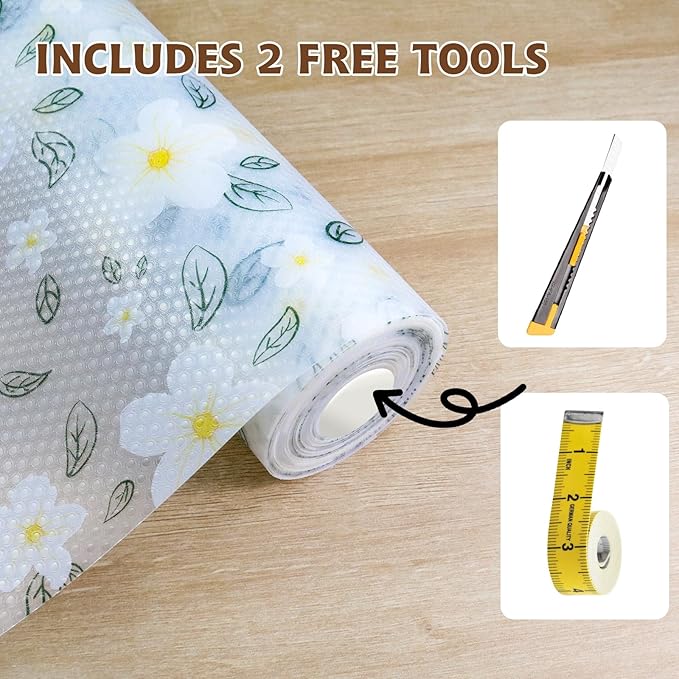 Drawer and Shelf Liner for Kitchen Cabinet,Non-Adhesive EVA Waterproof Drawer Liner for Dresser & Bathroom Vanities with Cutting Tool(12 in X 20 Ft White Cherry Blossom)