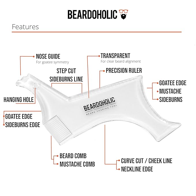 Beardoholic Beard Shaping Tool – 9-in-1 Completely Transparent Design – Achieve Perfectly Precise Lines and Any Beard Shape – Lineup Pencil, Built-In Comb and Trimming Scissors for Maximum Accuracy