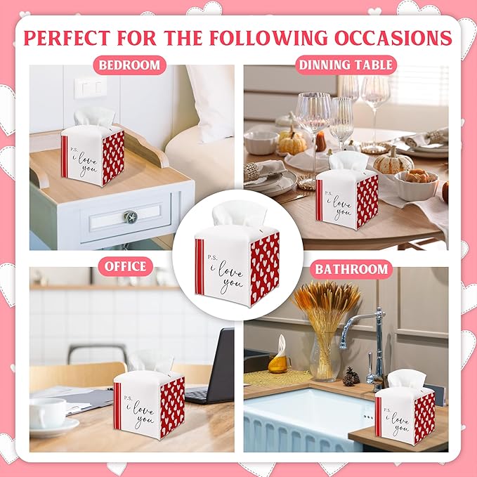 Red Heart Design Tissue Box Cover - I Love You PU Leather Waterproof Tissue Holder - Valentine's Day Facial Paper Organizer for Home Bathroom Office -Desk Valentines Day Decorative Dispenser Box-B08