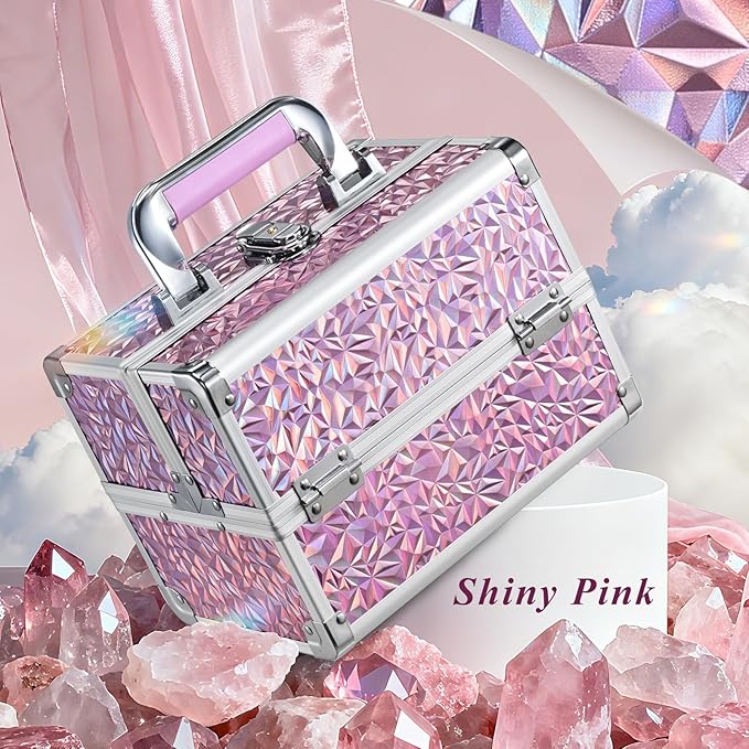 FRENESSA Makeup Case Organizer Cosmetic Box Storage Portable Makeup Train Case with Mirror 2 Trays Travel Vanity Box for Cosmetics Nail Kits Craft Tools Case Aluminum Hard Make Up Organizer Shiny Pink