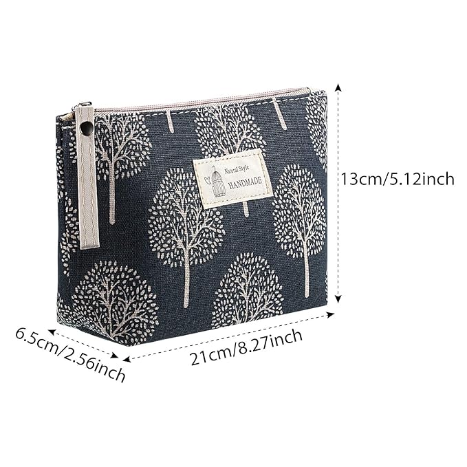 Boao 4 Pieces Canvas Makeup Bags Set Small Cosmetic Pouches for Purse with Zipper Multi Functional Toiletry Travel Case Organizer for Women Gift, 4 Styles(Small,Whale, Bear, Tree, Leave)