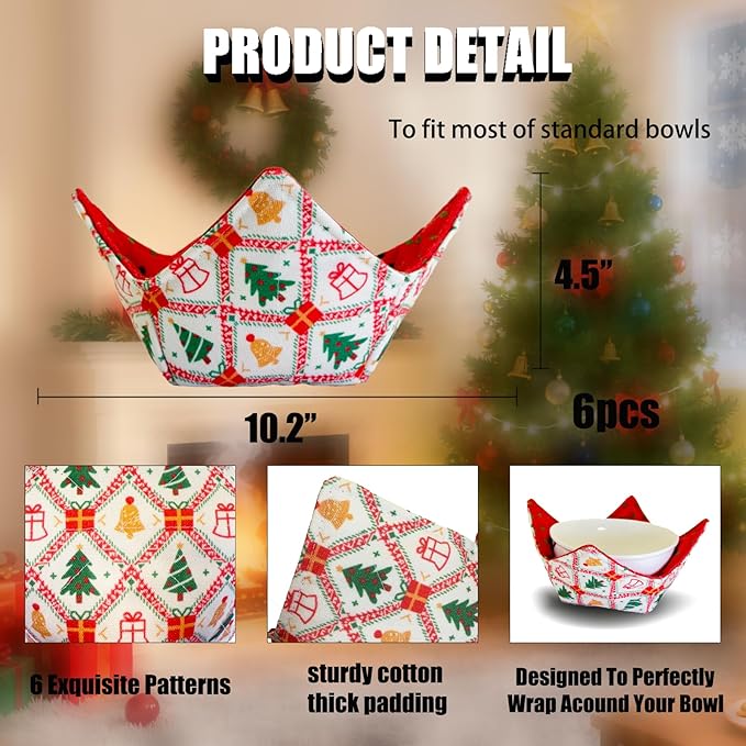 Cotton Microwavable Bowl Cozy ，Set of 6，Microwave-Safe Hot Bowl Holders, Soup Bowl Cozy Hot Pads，Prevent Hand from Heat and Maintain Food Warm，Ideal Household Gift Store (F)