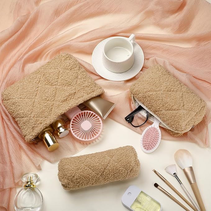 Paterr 3 Pcs Quilted Makeup Bag Set Small Bridesmaid Cosmetic Bag Aesthetic Travel Toiletry Pouch Cute Purse Pencil Case Makeup Storage Organizer for Women Birthday Gifts(Fuzzy,Khaki)