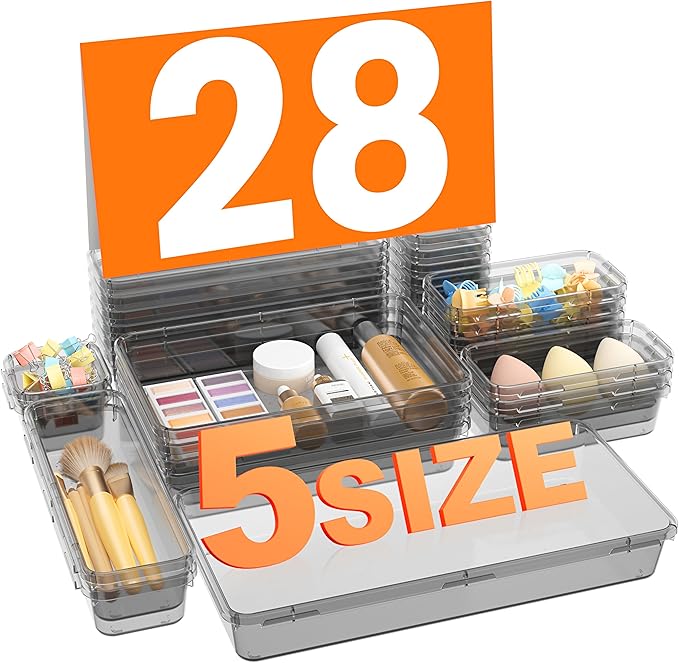【Military Grade】 Drawer Organizer, 【𝟱𝗦𝗶𝘇𝗲】 Clear Makeup organizer, 【Holds 177 Items】 Bathroom Organizers and Storage, Plastic Desk Organizer Divider, Organizer Bins for Office Vanity A-LUGEI