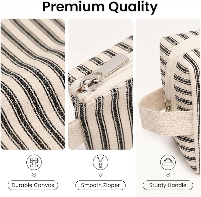 3 Pcs Canvas Makeup Bag Set Cosmetic Pouch for Women Travel Toiletry Bag Cute Makeup Organizer Purse Pouch Preppy Pencil Case with Zipper (Black Pinstripes)