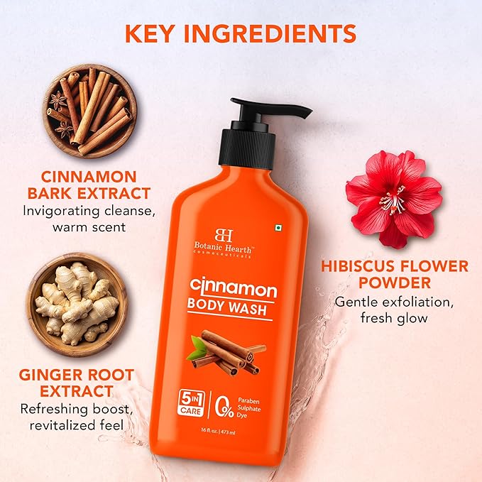 Botanic Hearth Cinnamon Body Wash – Invigorating 5-in-1 Shower Gel with Natural Cinnamon Extract, Hydrating Cleanser for All Skin Types, Sulfate & Paraben Free – 16 fl oz