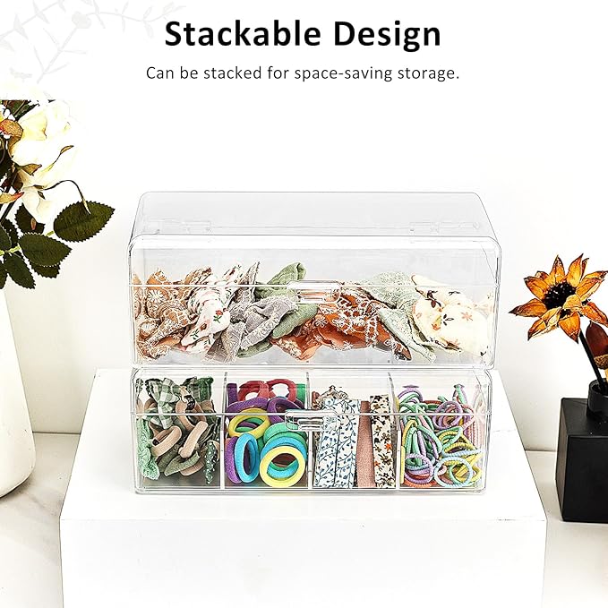 JessLab Hair Accessories Organizer for Girls, Acrylic Hair Bow Tie Clip Scrunchie Holder with Dividers, Clear Stackable Storage Box for Bathroom, Bedroom, Vanity Countertop, 1 Compartment