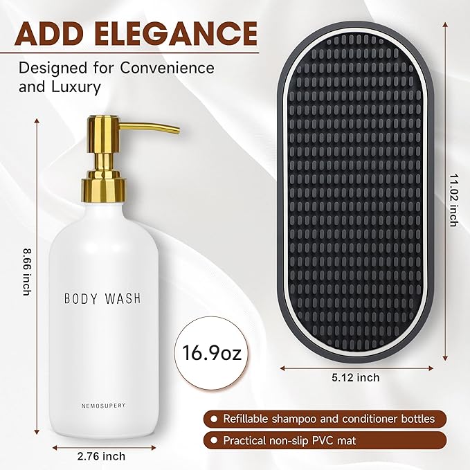Glass Shampoo and Conditioner Dispenser-Shower Soap Dispenser for Bathroom -16.9 fl oz Set of 3 Refillable Glass Bottles with Pump and Labels-Shampoo Dispenser for Shower(White)