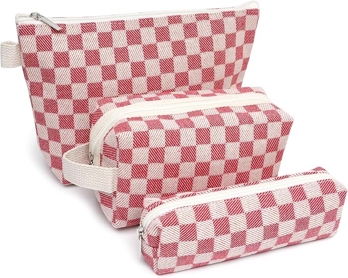 3 Pcs Canvas Makeup Bag Set Checkered Cosmetic Pouch for Women Travel Toiletry Bag Cute Makeup Organizer Purse Pouch Preppy Pencil Case with Zipper (Checkered Red)