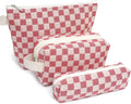 3 Pcs Canvas Makeup Bag Set Checkered Cosmetic Pouch for Women Travel Toiletry Bag Cute Makeup Organizer Purse Pouch Preppy Pencil Case with Zipper (Checkered Red)