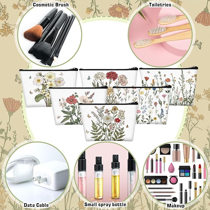 Sweetude 12 Pcs Spring Flowers Makeup Bag Bulk Portable Travel Cosmetic Bags with Zipper Wildflower Floral Waterproof Roomy Travel Beauty Toiletry Organizer Storage Pouch for Women Spring Gifts