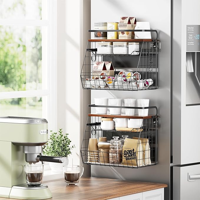Delamu Magnetic Shelf for Fridge with Wood Lid, 3 Tier Pull Out Fruit Basket, Pantry Organizers for Refrigerator, Cabinet, Kitchen Counter, Laundry (1 Pack)