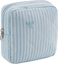 Small Quilted Striped Cosmetic Pouch for Purse, Mini Cotton Makeup Bag with Compartments, Cute Zipper Lipstick Holder for Women (26 Blue Stripes)