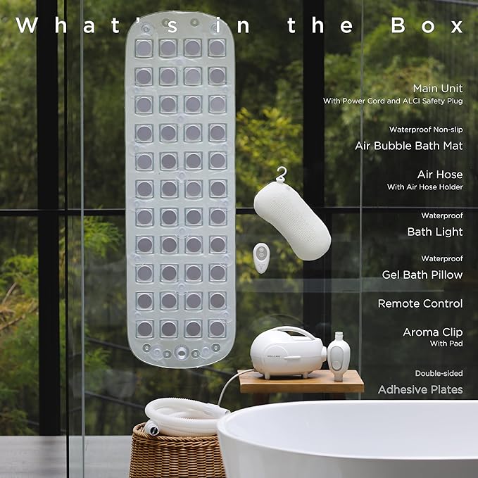 Wellcare Comfort Air Bubble Bath Spa Mat for Smooth Tub, Water Proof Bath Light,TPE Pillow, Aroma Clip, Remote, for Mom, Kids Adults, Calm, Relax, Heal, Sleep, Stress Relief, Energy, Gift, AC Powered