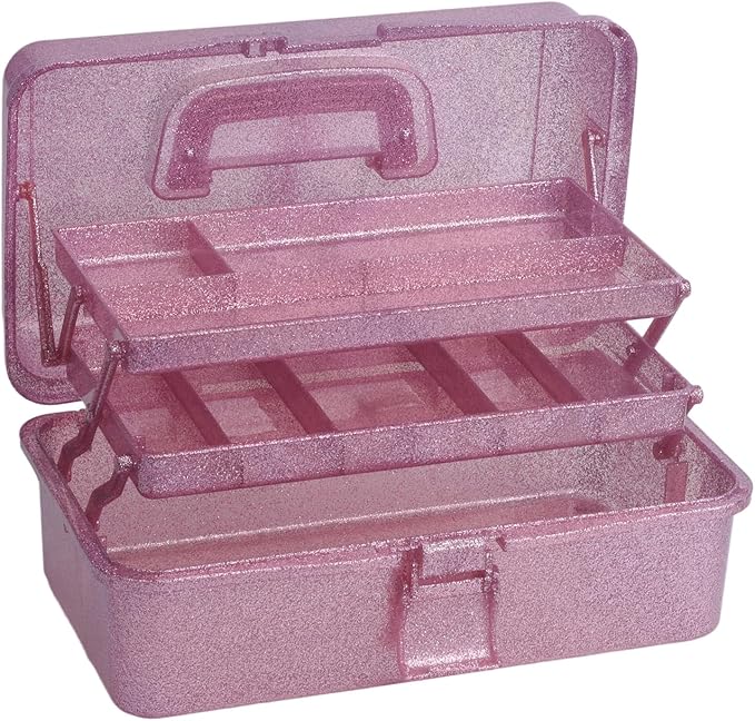 3-Tier Stackable Storage Organizer Box | Portable Multi-Use Tackle Box for Art Supplies, Makeup & Sewing Kits | Durable Design w/Adjustable Compartments (Pink&Red)
