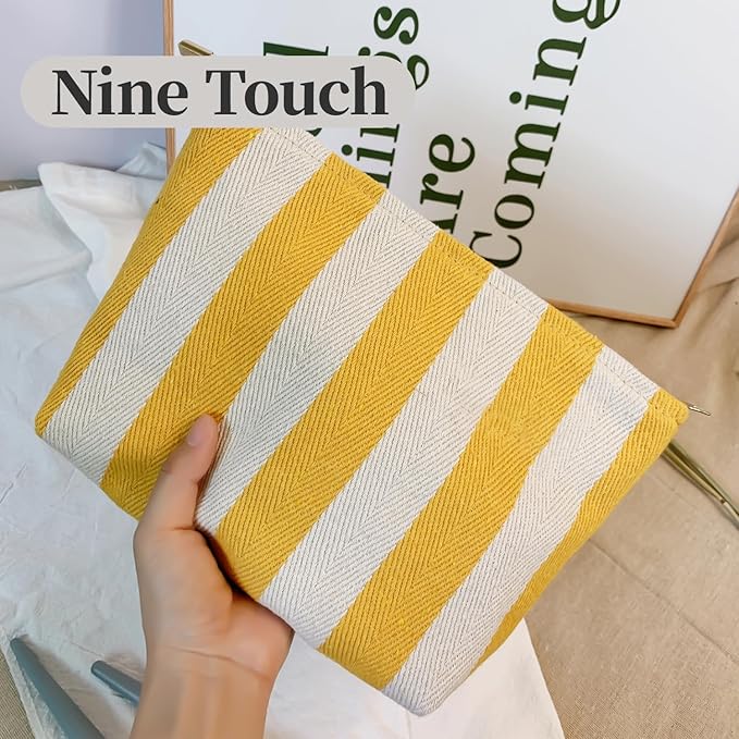 Yellow Striped Makeup Bag for Women, Canvas Cosmetic Bag, Travel Pouch for Purse, Zipper Makeup Pouch, Perfect for Storing Makeup Accessories, Daily Make up Organizer Gifting, Car Cosmetic Organizer