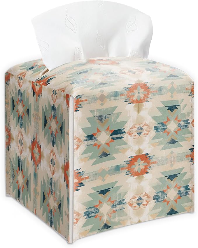 Southwestern Aztec Design Tissue Box Cover - Vintage PU Leather Waterproof Tissue Holder - Facial Paper Organizer for Home Bathroom Office - Desk Decorative Dispenser Box-B04