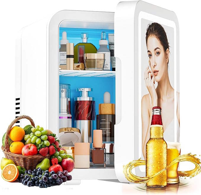 4L Mini Fridge with LED Mirror, Dual Cooling & Warming Function, 3L/6 Cans Capacity, Ultra-Quiet Portable Refrigerator for Skincare, Makeup, Car and Home Use