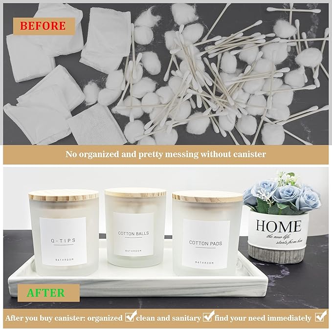 3PCS Modern 13.53oz Transparent Bathroom Canisters with 12 Labels & Wooden Lid Thick Glass Jar Set Qtip Holder for Cotton Ball & Pads Storage Organization Minimalist Decor