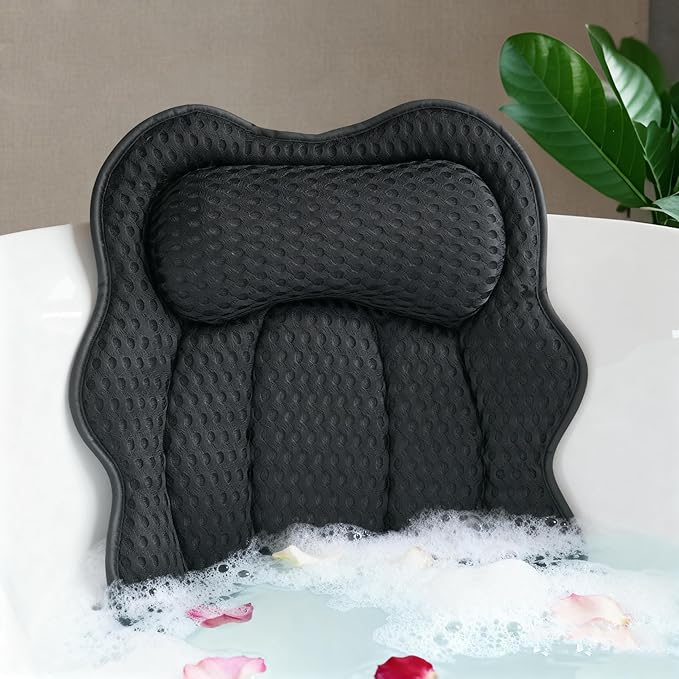 Bath Pillow for Tub, 4D Air Mesh Breathable Fabric, Soft Supportive Bathtub Cushion for Head Neck Back, Ergonomic Spa Pillow with Strong Suction Cups, Quick-Drying, Machine Washable (Black)