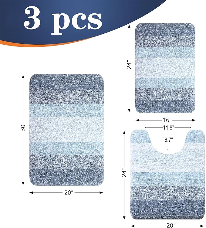 OLANLY Bathroom Rugs Sets 3 Piece, Soft Absorbent Microfiber Bath Mats and U-Shaped Contour Toilet Rug, Plush Shaggy Bath Mat Set for Bathroom (30"x20"+24"x16"+24"x20", Blue)