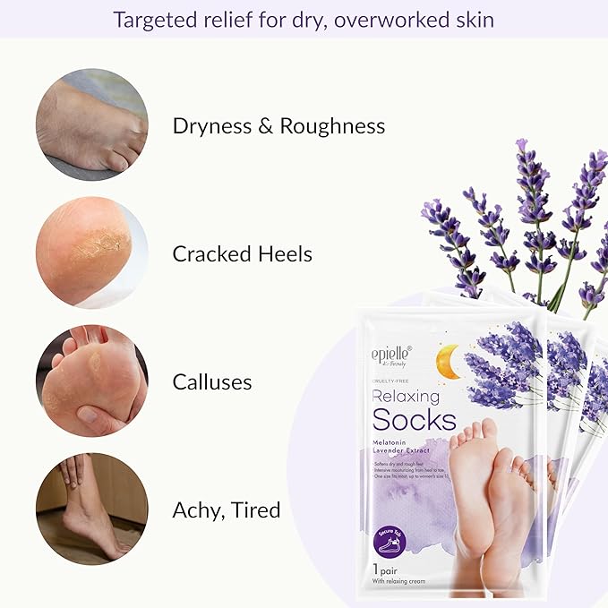 Epielle Relaxing Foot Mask 6 Pairs, Soften and Restore with Melatonin & Lavender Extract, Deep Moisturizing Socks for Dry, Cracked Feet, Self Care Gifts for Women, Spa Kit, Easter Basket Stuffers