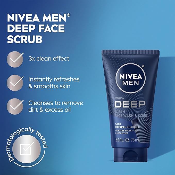 NIVEA MEN Deep Clean Face Wash and Scrub with Natural Charcoal, Exfoliating Face Wash for Men Removes Excess Oil, Dirt and Impurities, Beard Friendly Skin Care, 2.5 Fl Oz Tube, Pack of 3