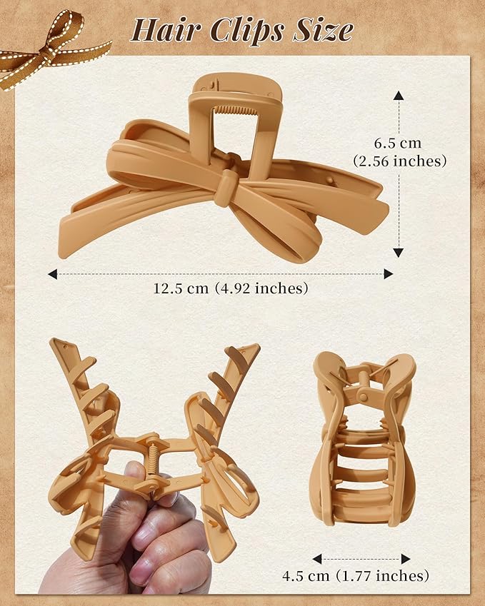 Mesovor 4 Pack Cute Bow Claw Clips, Nonslip 4.92" Large Matte Strong Hold Bows Hair Clips for Thin and Thick Hair | Chic Hairclips for Holidays or Everyday Hairstyle (Beige Matte)