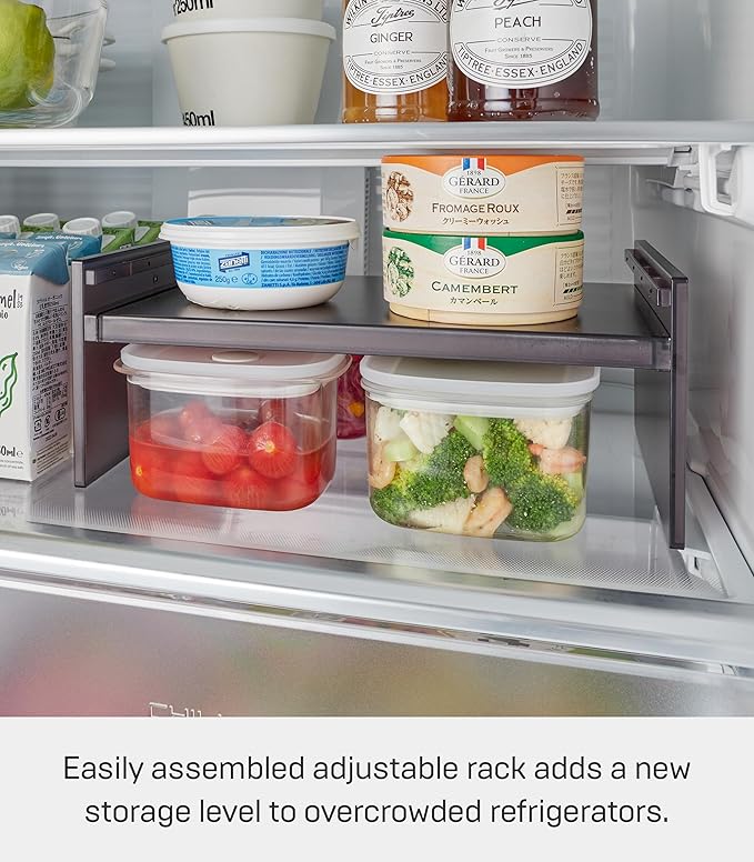 Yamazaki Home Tower Adjustable Extendable Refrigerator Storage Rack - 2-Level Height Adjustable Shelf For Fridge Organization - Customizable Width, Easy Assembly, Fits 2L Bottles - Plastic -