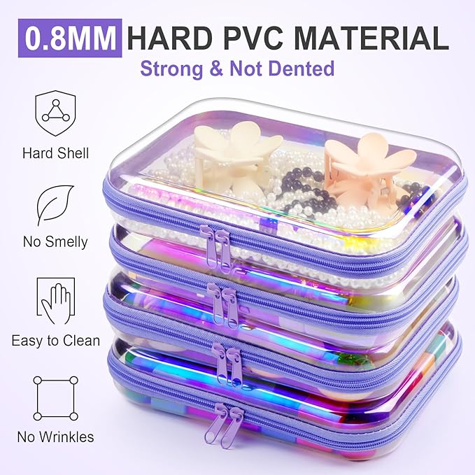 Hoolerry 4 Pcs Hard Clear Zipper Case Makeup Bags Plastic Zipper Pouch Transparent Storage Box Containers for Cosmetics, Snacks, Building Blocks, Puzzles(Clear,9.8 x 7.9 x 2 in,Purple Laser)