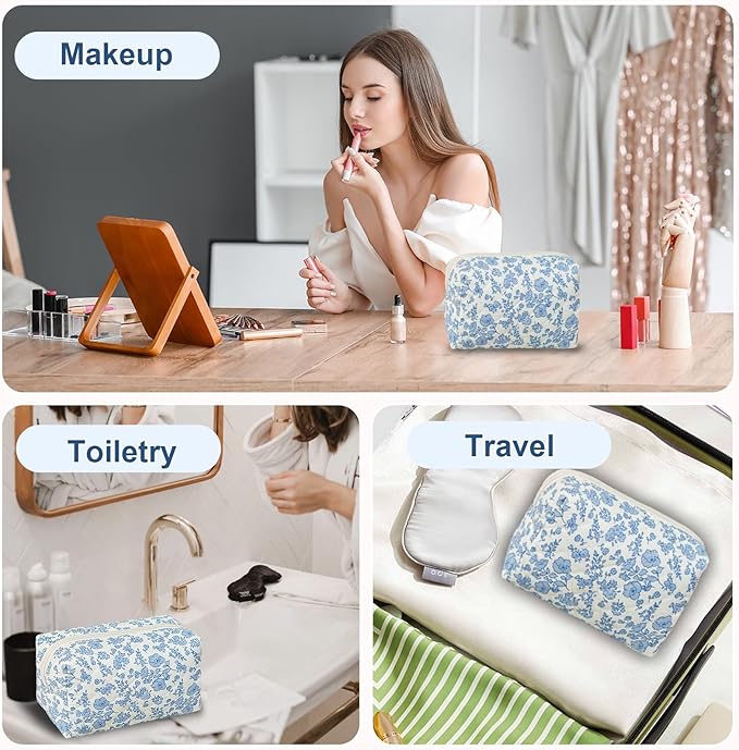 Quilted Makeup Bag Floral Cotton Make up Bag Puffy Coquette Makeup pouch Aesthetic Cute Travel Toiletry Bag for Women Girls