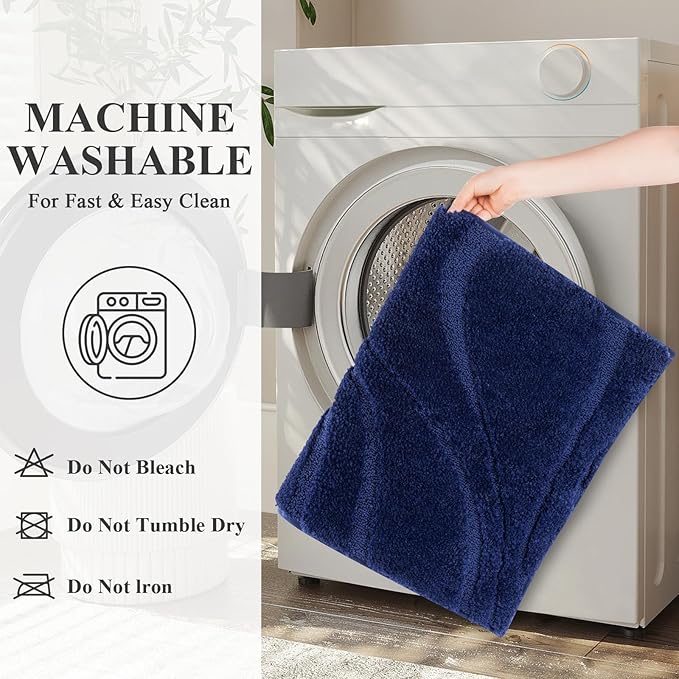 HEBE Bathroom Rugs Sets 5 Piece, Soft Absorbent Microfiber Bath Mat for Bathroom, Non Slip Washable Bath Rug Set with Toilet Cover, Bath Runner and U-Shaped Contour Toilet Rug, Navy Blue