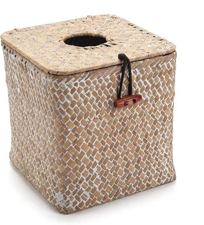 Tissue Box Cover Square, Seagrass Tissue Box Holder, Woven Facial Tissue Holder, Rattan Wicker Tissue Box, Decorative Tissue Cover for Dinner Table, Living Room, Bathroom, Bedroom, Office (Whitewash)