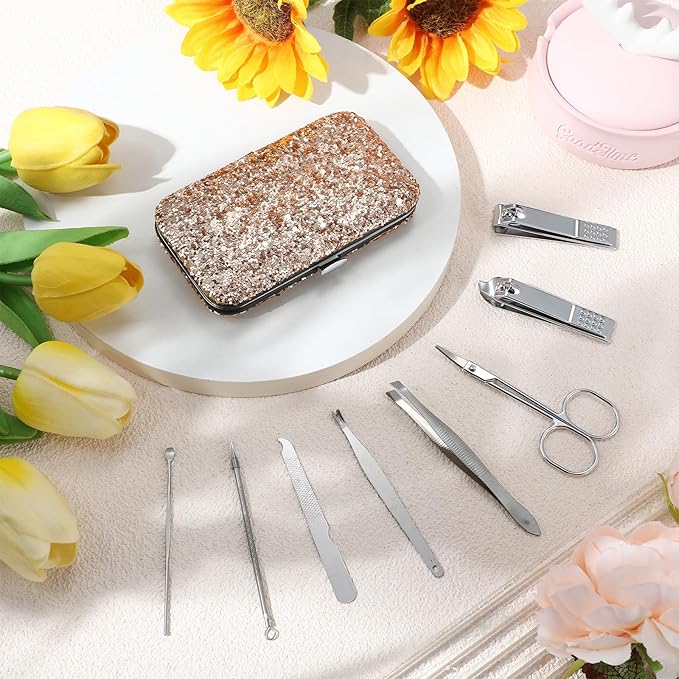 Geosar 12 Set 8 in 1 Manicure Set Stainless Steel Nail Clippers Kit Pedicure Care Tools with Leather Case Travel Grooming Kit Gift for Women Men Gift(Glitter Rose Gold)