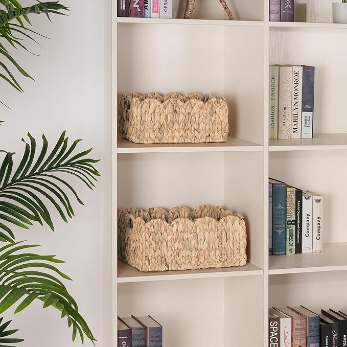 Scalloped Wicker Basket, Set of 2 Woven Rattan Natural Water Hyacinth Baskets with Built-in Handles, Rectangle Storage Baskets for Organizing, Decor, Shelf and Nursery Room