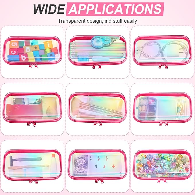 Hoolerry 4 Pcs Hard Clear Zipper Case Makeup Bags Plastic Zipper Pouch Transparent Storage Box Containers for Cosmetics, Snacks, Building Blocks, Puzzles(Clear,7.5 x 3.9 x 2 in,Pink Laser)