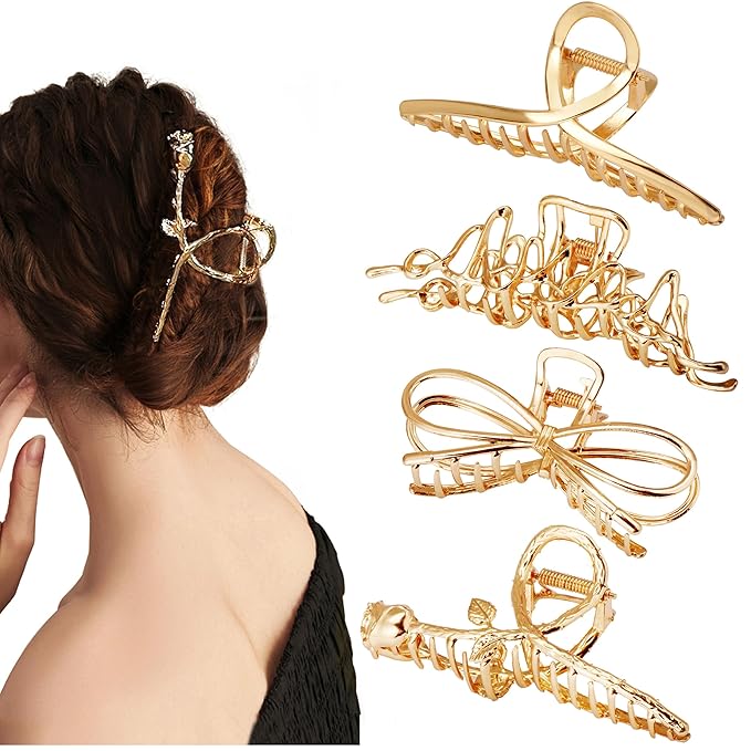 4 Pack Large Metal Hair Clips for Thin to Thick Curly Hair, 4.3 Inch Big Nonslip Gold Color Clamps, Perfect Fashion Jaw Claw Hair Styling Accessories for Women and Girls, Christmas Gifts