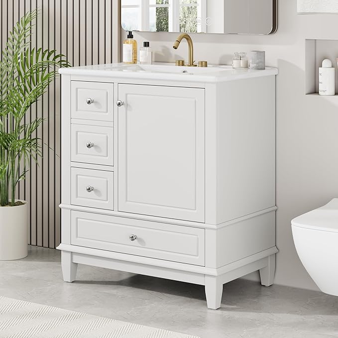 30" Bathroom Vanity with Sink, Harper & Bright Designs Free Standing Single Vanity Set with 3 Drawers and One Door with Storage Racks, Solid Wood Storage Cabinet with Ceramic Basin for Bathroom, White
