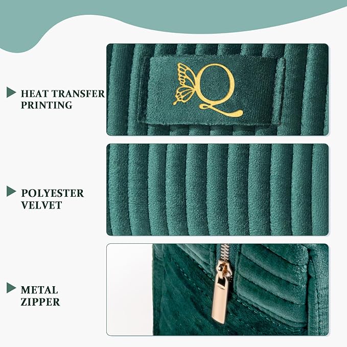 COSHAYSOO Travel Makeup Bag Quilted Make Up Pouch Initial Velvet Cosmetic Case with Butterfly Decorations for Women Cosmetics Complexion Skincare Products Tools Accessories Organizer Green Letter Q