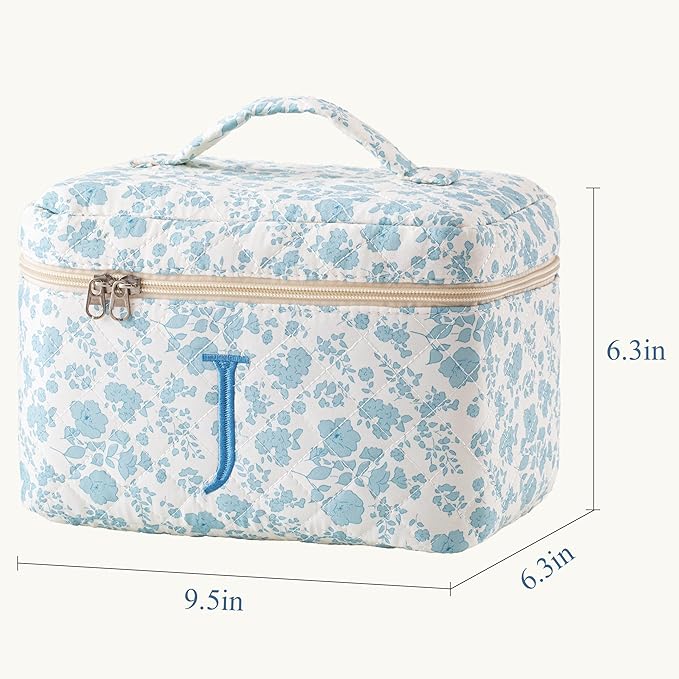 HBselect Initial Quilted Makeup Bag, Cotton Large Travel Make up Bag, Cute Floral Coquette Cosmetic Bag Toiletry Bag for Women Girls J