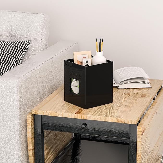 Black Acrylic Tissue Box Cover with Storage Tray ,Square Acrylic Tissue Box Holder Napkin Dispenser for Bathroom Kitchen Home Office (Black, 5.5x5.5x6.7)