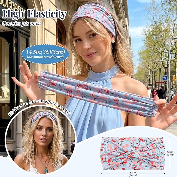 Wide Headbands for Women Knotted No Slip Hairbands Soft Turban Headband Hair Accessories Boho African Head Wrapst Yoga Workout (Floral purple)